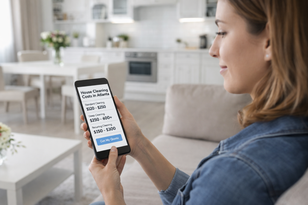 House cleaning cost in Atlanta – woman checking cleaning service prices on smartphone