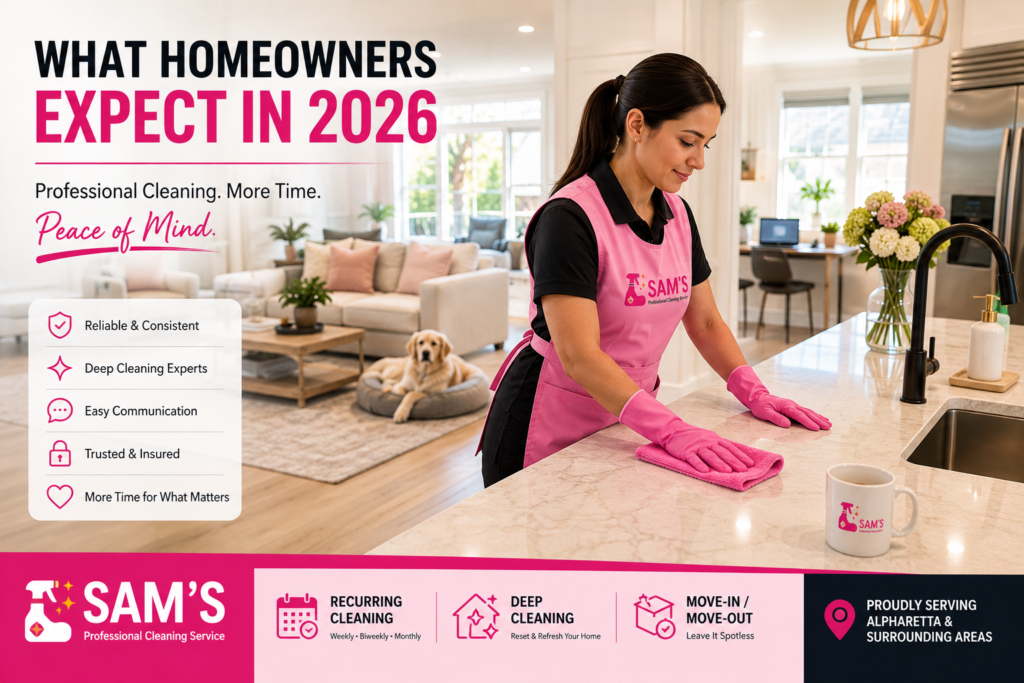 Professional house cleaning service in Alpharetta with Sam’s Cleaning team cleaning a modern home in 2026
