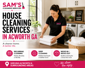 Professional house cleaner folding clean towels in a modern laundry room during a residential house cleaning service in Acworth GA by Sam's Cleaning Services.