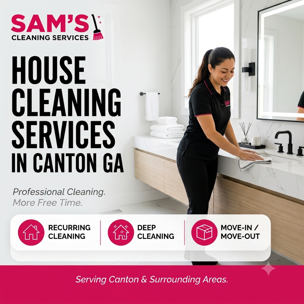 Professional house cleaner polishing a luxury bathroom mirror during a residential house cleaning service in Canton GA by Sam's Cleaning Services.