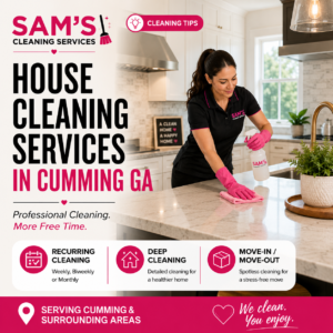 Professional house cleaner cleaning a modern kitchen countertop during a residential house cleaning service in Cumming GA by Sam's Cleaning Services.
