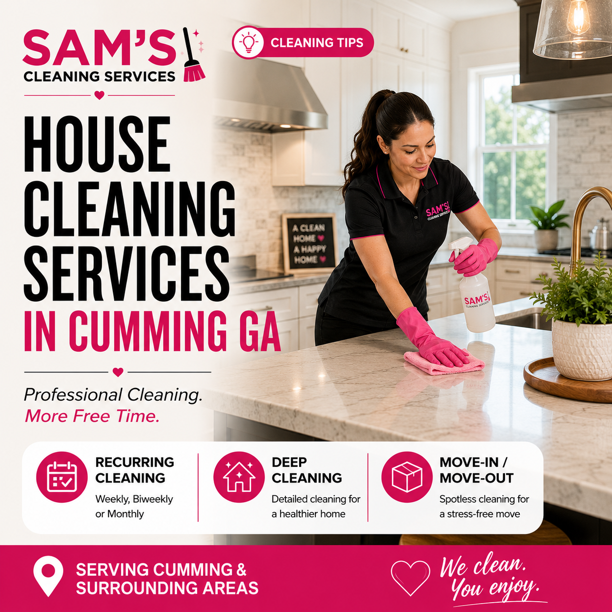 Professional house cleaner cleaning a modern kitchen countertop during a residential house cleaning service in Cumming GA by Sam's Cleaning Services.