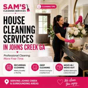 Professional house cleaner organizing an elegant home entrance in Johns Creek GA during a residential cleaning service by Sam's Cleaning Services.