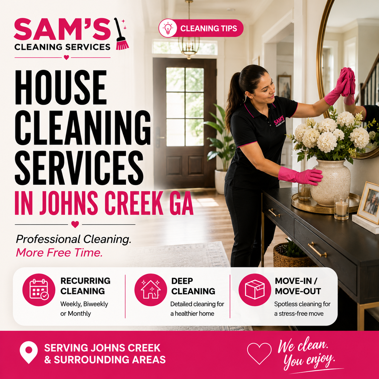 Professional house cleaner organizing an elegant home entrance in Johns Creek GA during a residential cleaning service by Sam's Cleaning Services.