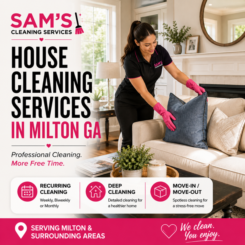 Professional house cleaner arranging pillows in a modern living room during a residential house cleaning service in Milton GA by Sam's Cleaning Services.