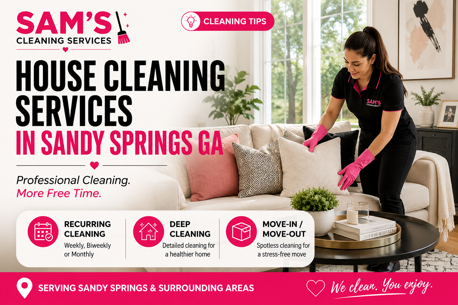 Professional house cleaner organizing a modern living room in Sandy Springs GA during a residential house cleaning service by Sam's Cleaning Services.