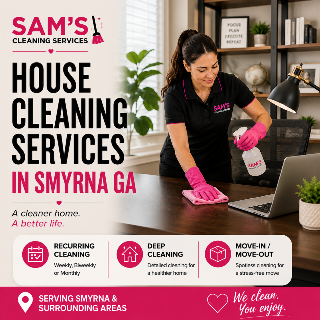Professional house cleaner cleaning a modern home office desk during a residential house cleaning service in Smyrna GA by Sam's Cleaning Services.
