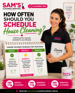 Professional cleaner holding a cleaning planner next to a calendar comparing weekly, biweekly, and monthly house cleaning schedules for homeowners.