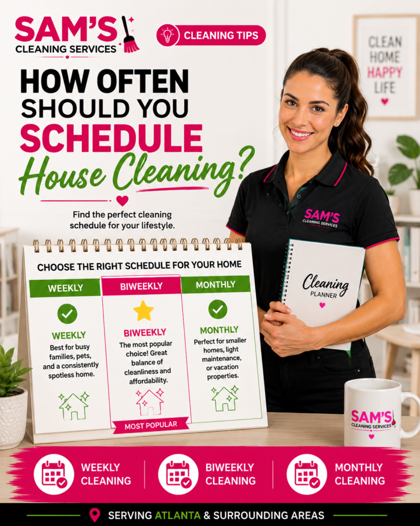 Professional cleaner holding a cleaning planner next to a calendar comparing weekly, biweekly, and monthly house cleaning schedules for homeowners.