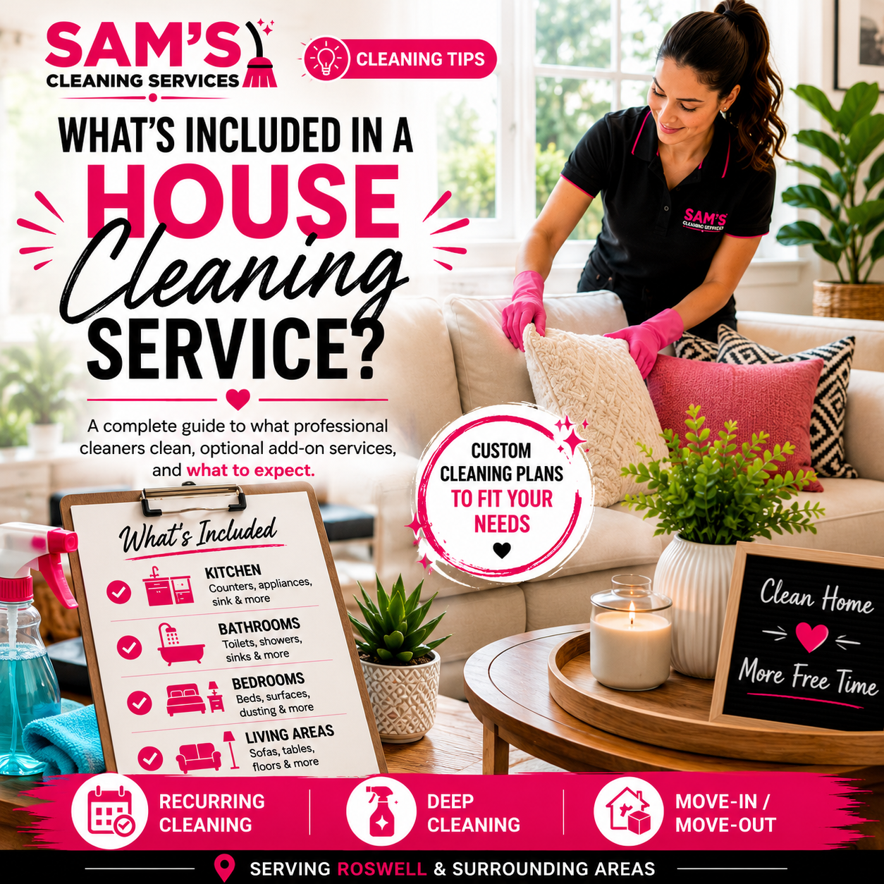 Professional house cleaner preparing a living room while highlighting what's included in a standard house cleaning service, including kitchens, bathrooms, bedrooms, and living areas.