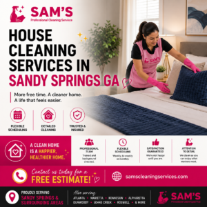 Professional cleaner making a bed while providing house cleaning services in Sandy Springs GA