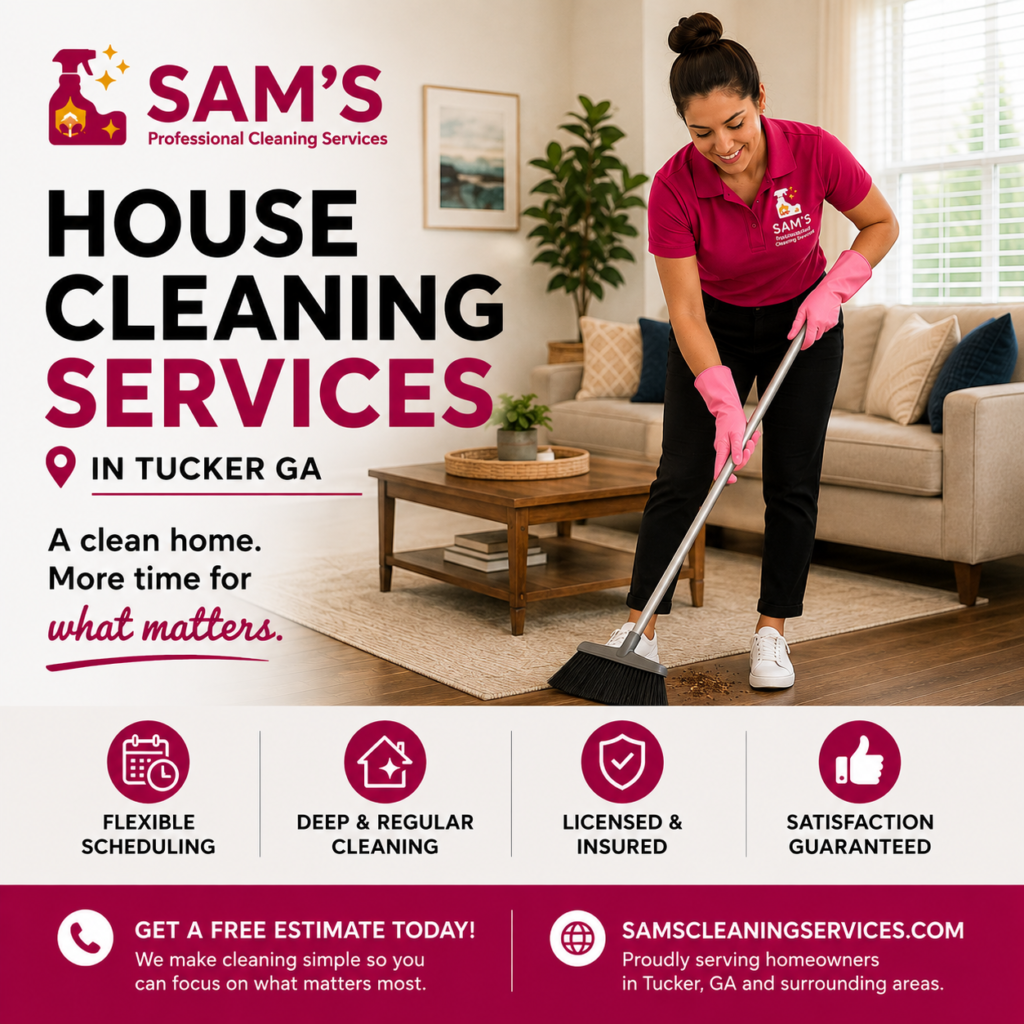 Professional cleaner sweeping a home while providing house cleaning services in Tucker GA