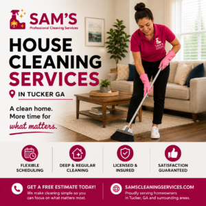 Professional cleaner sweeping a home while providing house cleaning services in Tucker GA