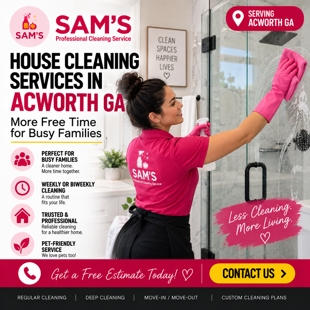 Professional cleaner cleaning a glass shower for house cleaning services in Acworth GA