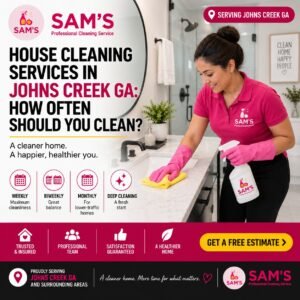 Professional cleaner cleaning a bathroom for house cleaning services in Johns Creek GA