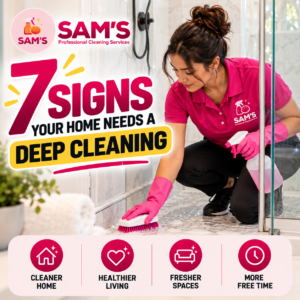 Professional cleaner from Sam's Cleaning Services scrubbing shower tiles during a deep cleaning service in Atlanta GA.