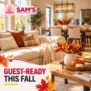 Clean and cozy living room decorated for fall with autumn flowers, pumpkins, and a dining area ready to welcome guests.