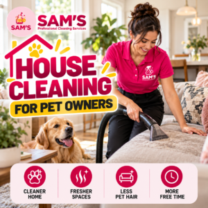 Professional cleaner vacuuming a sofa near a Golden Retriever in a pet-friendly home in Atlanta GA.