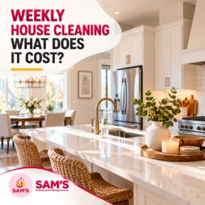Modern, spotless kitchen with white cabinets and marble countertops, featuring a guide to weekly house cleaning costs in Atlanta GA.