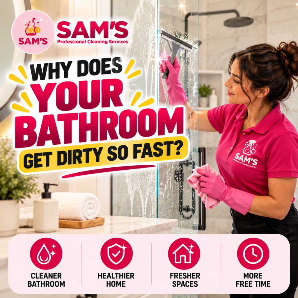 Professional cleaner using a squeegee to clean a glass shower door in a modern bathroom in Atlanta GA.