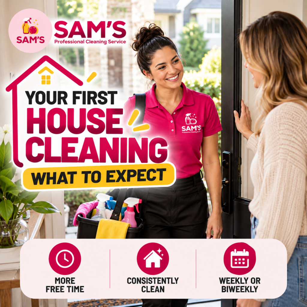 Professional house cleaner from Sam's Cleaning Services arriving at a homeowner's door in Atlanta GA for a first house cleaning appointment.